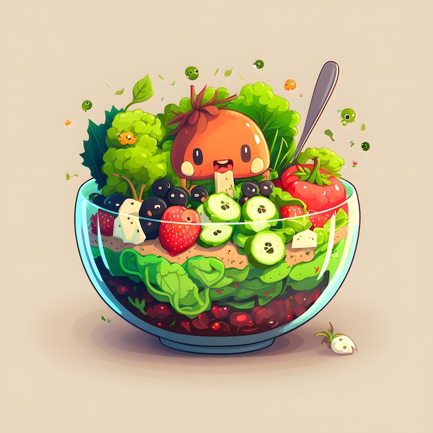 Bol à salade fruits légumes aliments sains Légumes mignons et baies dans un style de dessin animé de plaque