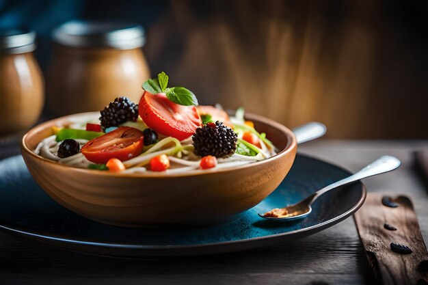 un bol de salade avec des fruits et légumes sur une table