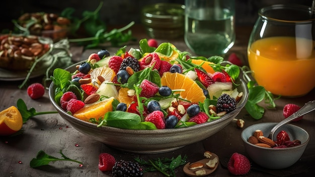 Un bol de salade de fruits avec un pot d'eau à côté.