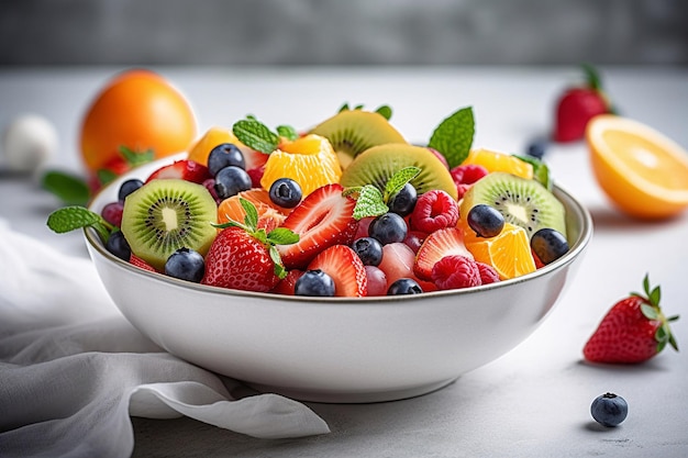 Un bol de salade de fruits avec une serviette blanche sur la table.