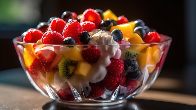 Un bol de salade de fruits avec yaourt et fraises