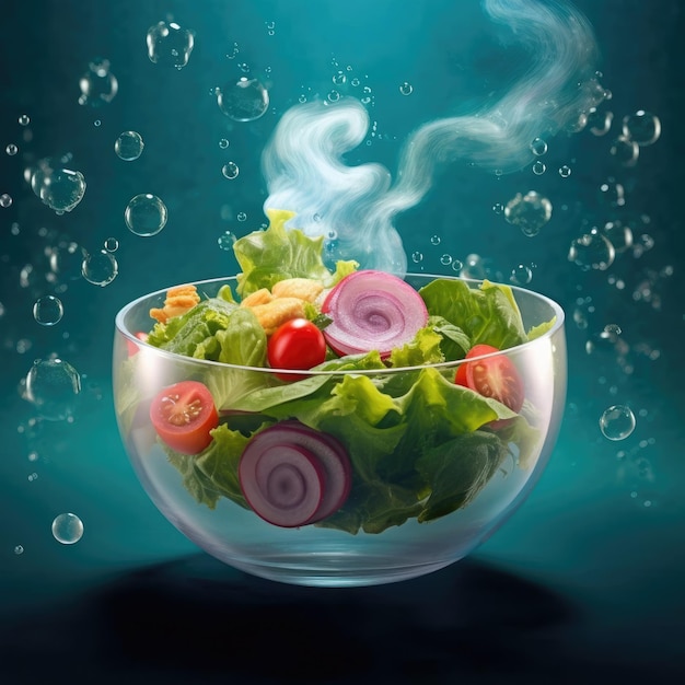 Photo bol de salade grecque flottant dans l'air avec un arrière-plan impressionnant de studio