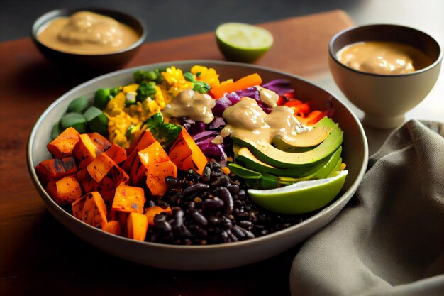 Un bol de salade de haricots noirs végétaliens avec une sauce crémeuse.