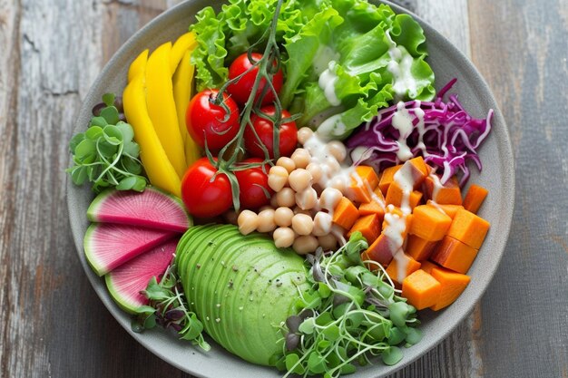 Un bol de salade avec une image de légumes et les mots