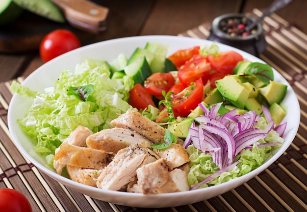 un bol de salade avec de la laitue de poulet et des tomates
