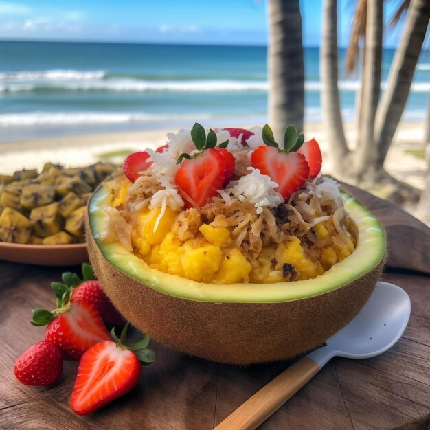 Un bol de salade de mangue et d'avocat avec des fraises sur une table en bois.