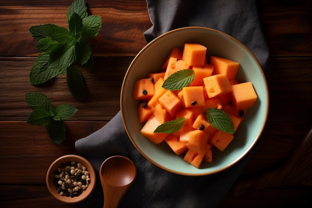 Un bol de salade de mangue avec des feuilles de menthe sur une table en bois.