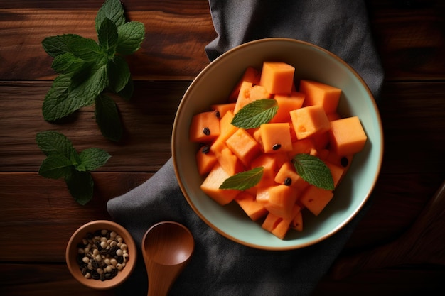 Un bol de salade de mangue avec des feuilles de menthe sur une table en bois.