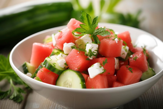 Photo un bol de salade de pastèque avec feta sur le côté