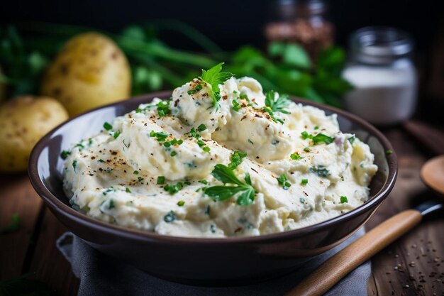 un bol de salade de pommes de terre avec persil et persil.