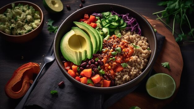 Un bol de salade de quinoa avec avocat, avocat et concombre.