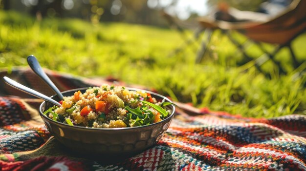 Un bol de salade de quinoa contre une couverture de pique-nique