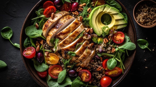 Un bol de salade de quinoa avec une poitrine de poulet et un avocat.