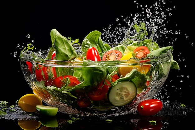 un bol de salade recouvert d'eau et saupoudré