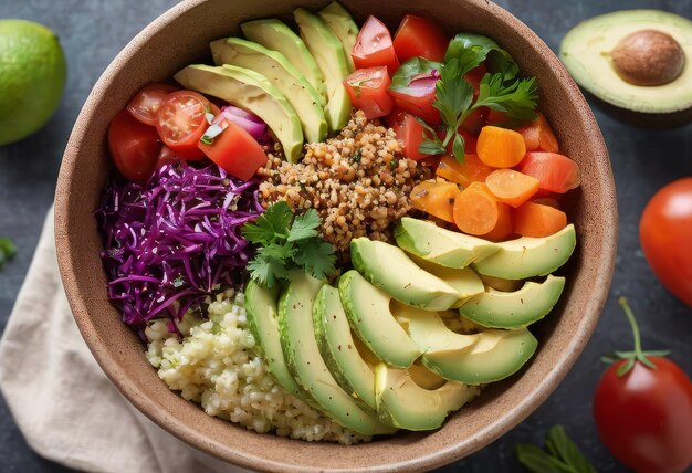 Photo un bol de salade sain avec du quinoa, des tomates, du poulet, de l'avocat, du citron vert et des légumes verts mélangés, de la laitue, du persil sur fond en bois, vue supérieure.