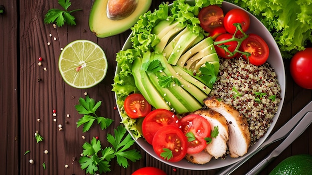 Un bol de salade saine avec du quinoa, des tomates, du poulet, de l'avocat, du citron vert et des légumes verts mélangés.