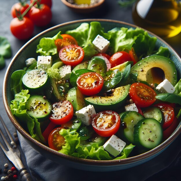 un bol de salade avec des tomates à l'avocat et du fromage