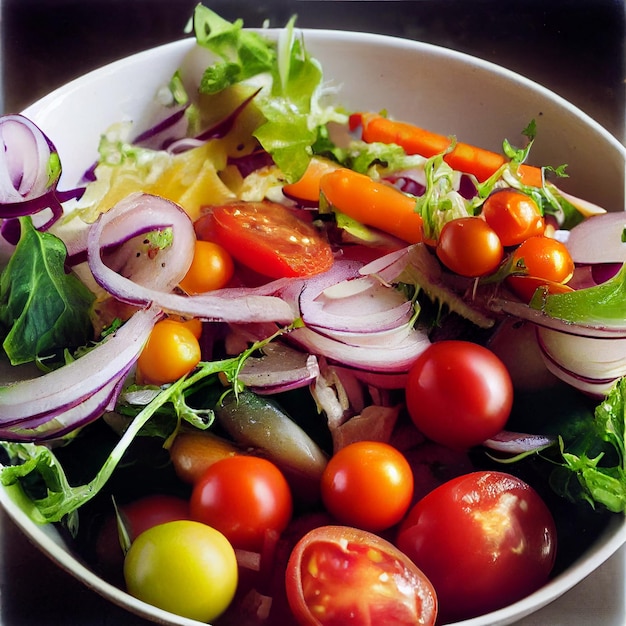 Un bol de salade avec des tomates, des oignons et des concombres.