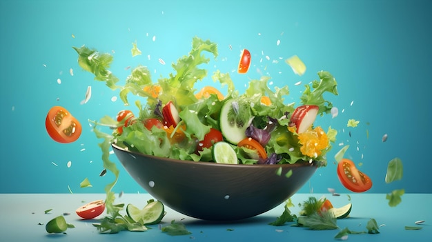 Un bol de salade vibrant avec des ingrédients frais suspendu en l'air