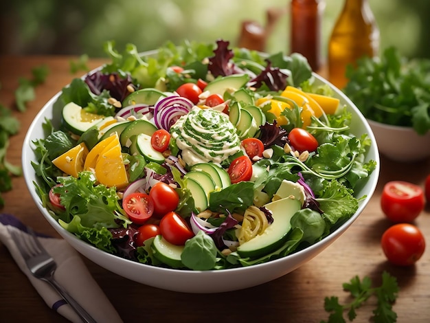 un bol de salade vibrant avec un mélange de légumes verts frais et d'une vinaigrette épicée