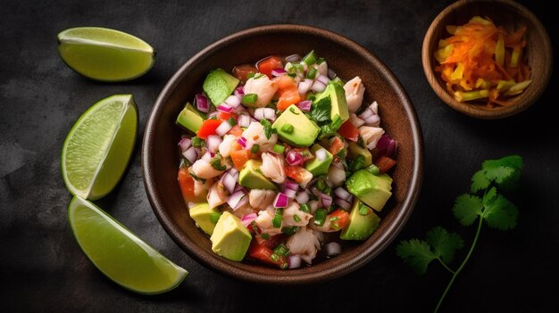 Un bol de salsa de crevettes avec des citrons verts sur le côté