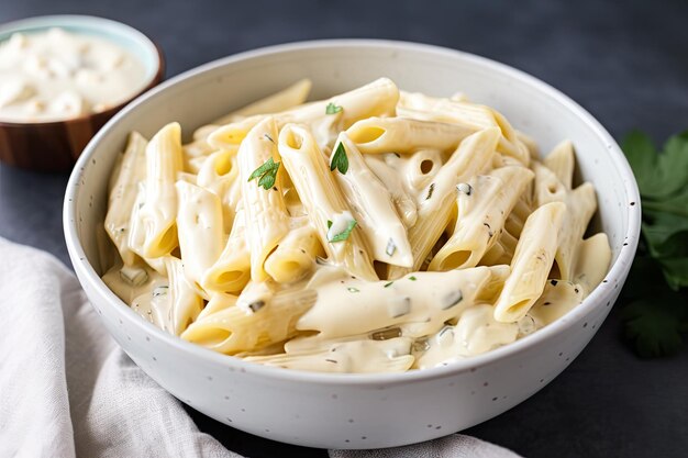 Bol de sauce alfredo et penne prêt à être mélangé