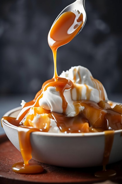 Un bol de sauce au caramel avec une cuillère arrosée dessus.