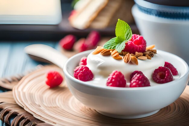 un bol de sauce aux framboises avec une cuillère et des framboises dessus.