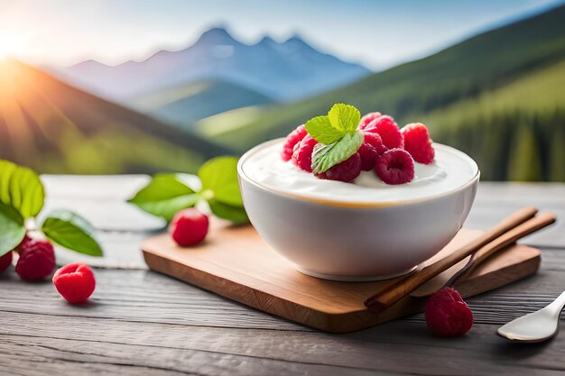 Photo un bol de sauce aux framboises avec une montagne en arrière-plan.