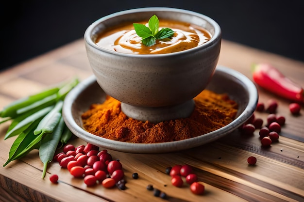 Un bol de sauce curry avec une cuillère et quelques autres épices sur une table en bois.