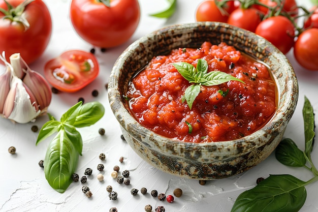 Un bol de sauce tomate entouré de tomates et d'ail et de feuilles de basilic et de graines d'aillon sur une