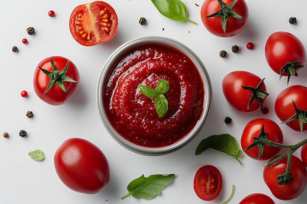 Un bol de sauce tomate entouré de tomates et de feuilles de basilic sur une surface blanche avec des tomates et