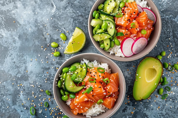 Un bol de saumon avec de l'avocat et des haricots d'edamame