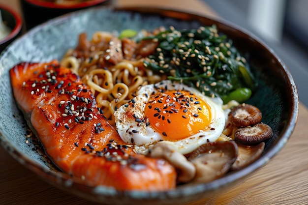 Photo un bol de saumon gourmet avec des œufs et des légumes