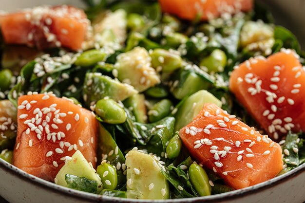 Bol de saumon sain avec avocat et haricots edamame