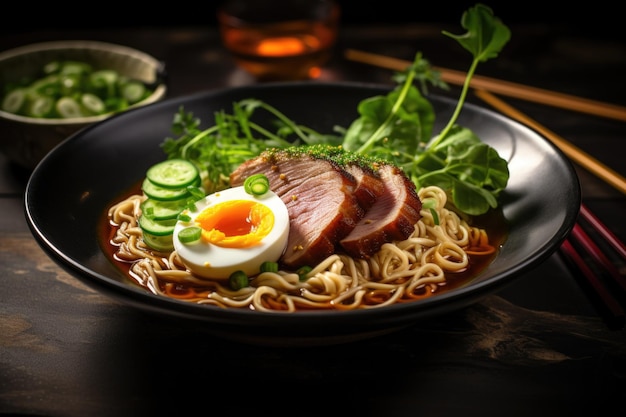 Photo un bol savoureux de ramen avec des tranches tendres de porc, des œufs à l'eau douce et des oignons dans un bro riche