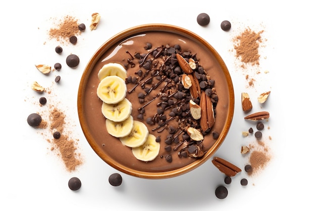 Un bol de smoothie au chocolat avec des tranches de banane et des pépites de chocolat.