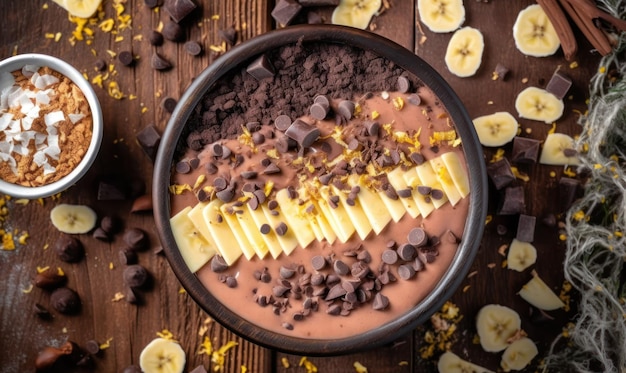 Un bol de smoothie au chocolat avec des tranches de banane et des pépites de chocolat