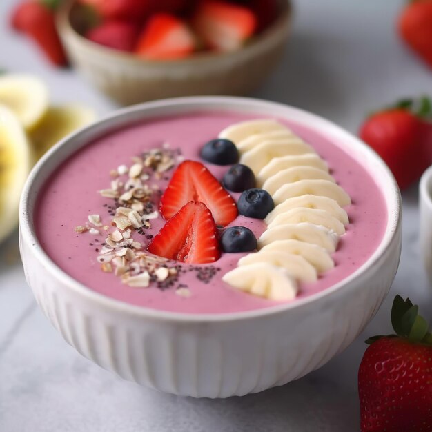 Un bol de smoothie aux fruits avec des bananes, des fraises et de l'avoine.