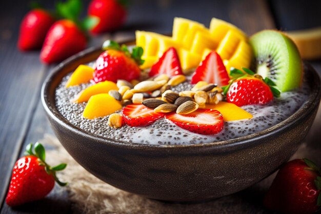 Un bol de smoothie aux fruits exotiques et au chia en céramique argent foncé