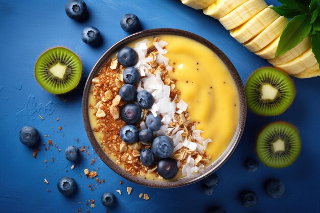 Un bol de smoothie aux fruits frais avec des bananes à la noix de coco, des myrtilles et du granola vu d'en haut sur un fond lumineux