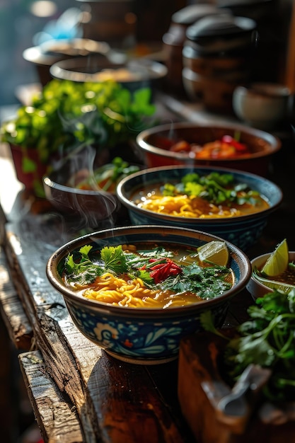 Un bol de soupe asiatique avec des nouilles, du chili et des herbes dans le bouillon de viande de la cuisine thaïlandaise et vietnamienne