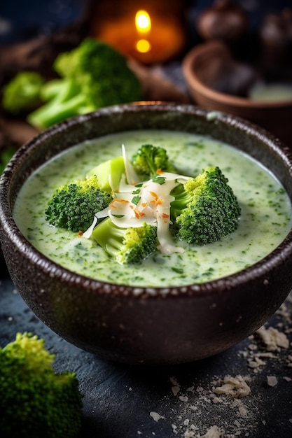 Un bol de soupe au brocoli avec un bol de brocoli.