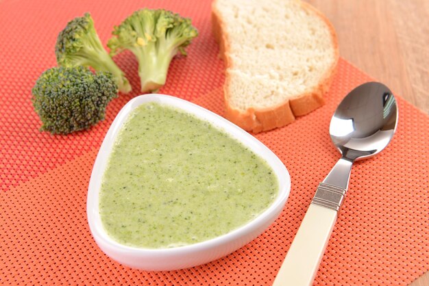 Un bol de soupe au brocoli sur la table de près.