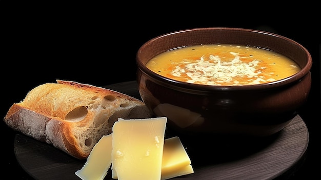 Un bol de soupe au fromage avec une tranche de pain.