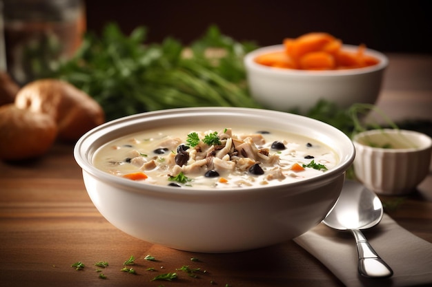 Un bol de soupe au poulet et au riz avec des carottes sur le côté.