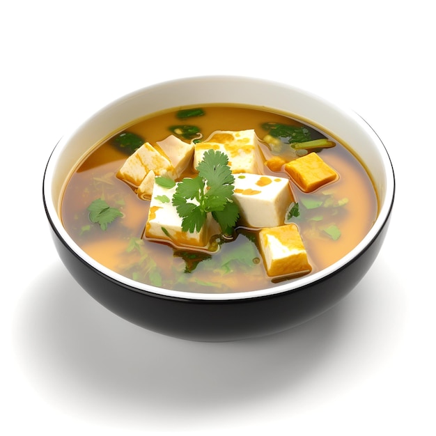 Un bol de soupe au tofu avec une feuille de coriandre sur le côté.