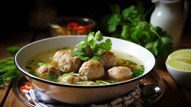 Un bol de soupe aux boulettes de viande avec des feuilles vertes sur le côté