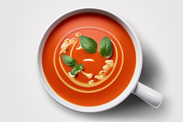 Un bol de soupe aux carottes avec une sauce tomate et des feuilles de basilic. isolé sur fond blanc