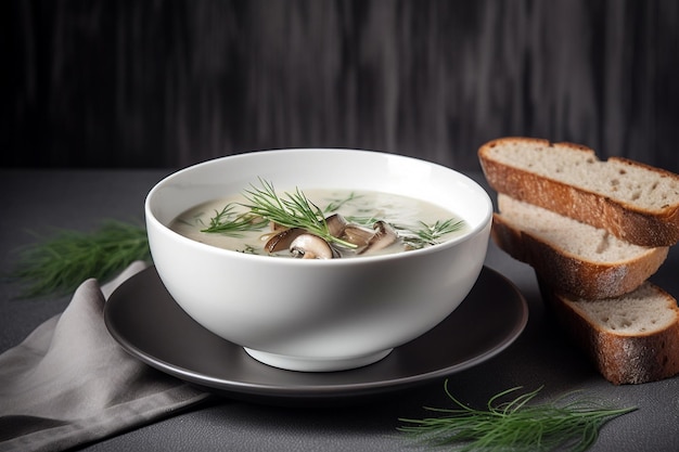 Un bol de soupe aux champignons avec de l'aneth sur le côté